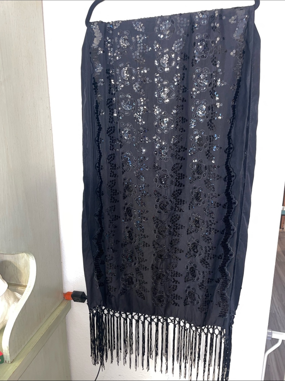 Black Sequin Fringe Evening Wrap Scarf